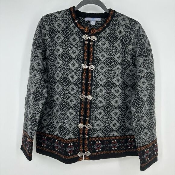 Vintage Caroll Reed Cardigan Sweater Fair Isle Wool Metal Frog Clasp Nordic - Picture 10 of 10